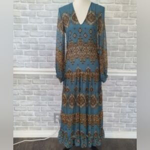 Elegant Blue and Brown Patterned Dress